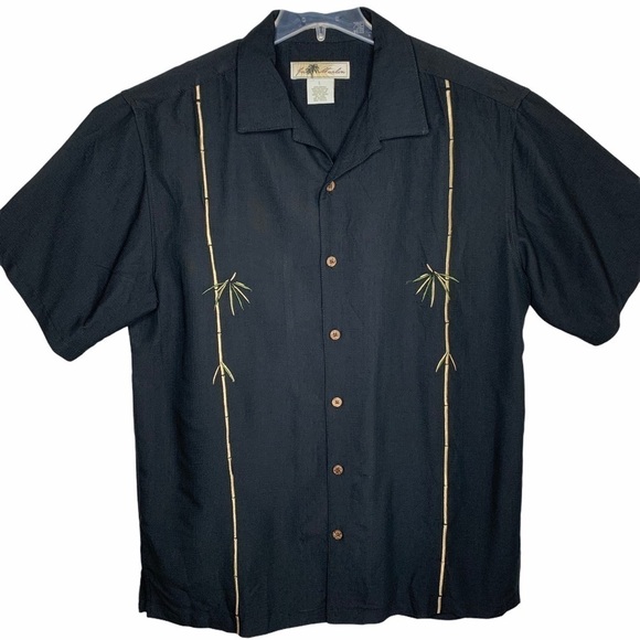 Joe Marlin Black Embroidered Hawaiian Short Sleeve Shirt Size L Bamboo Vacation - Picture 1 of 13